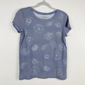 Ann Taylor LOFT Size Small Striped Flower Embroidered Vintage Soft Tee Top Blue